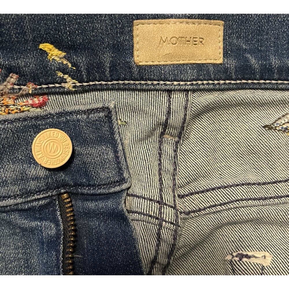 MOTHER The Mid Rise Dazzler Ankle Jeans Size 27 Blue Cherry Picking Bird Design - Picture 6 of 13
